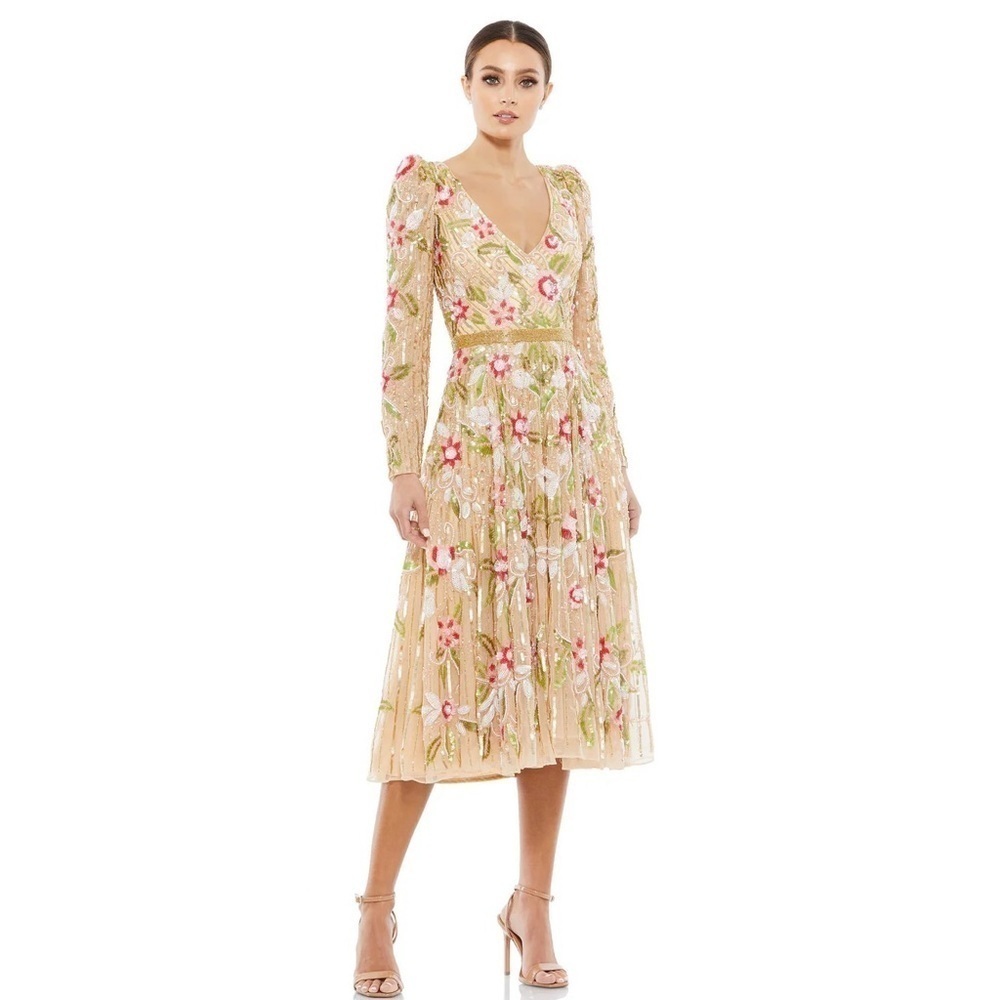 Mac Duggal 5415 NWT Floral Embellished Wrap Over Puff Sleeve A Line Gown - Picture 3 of 14